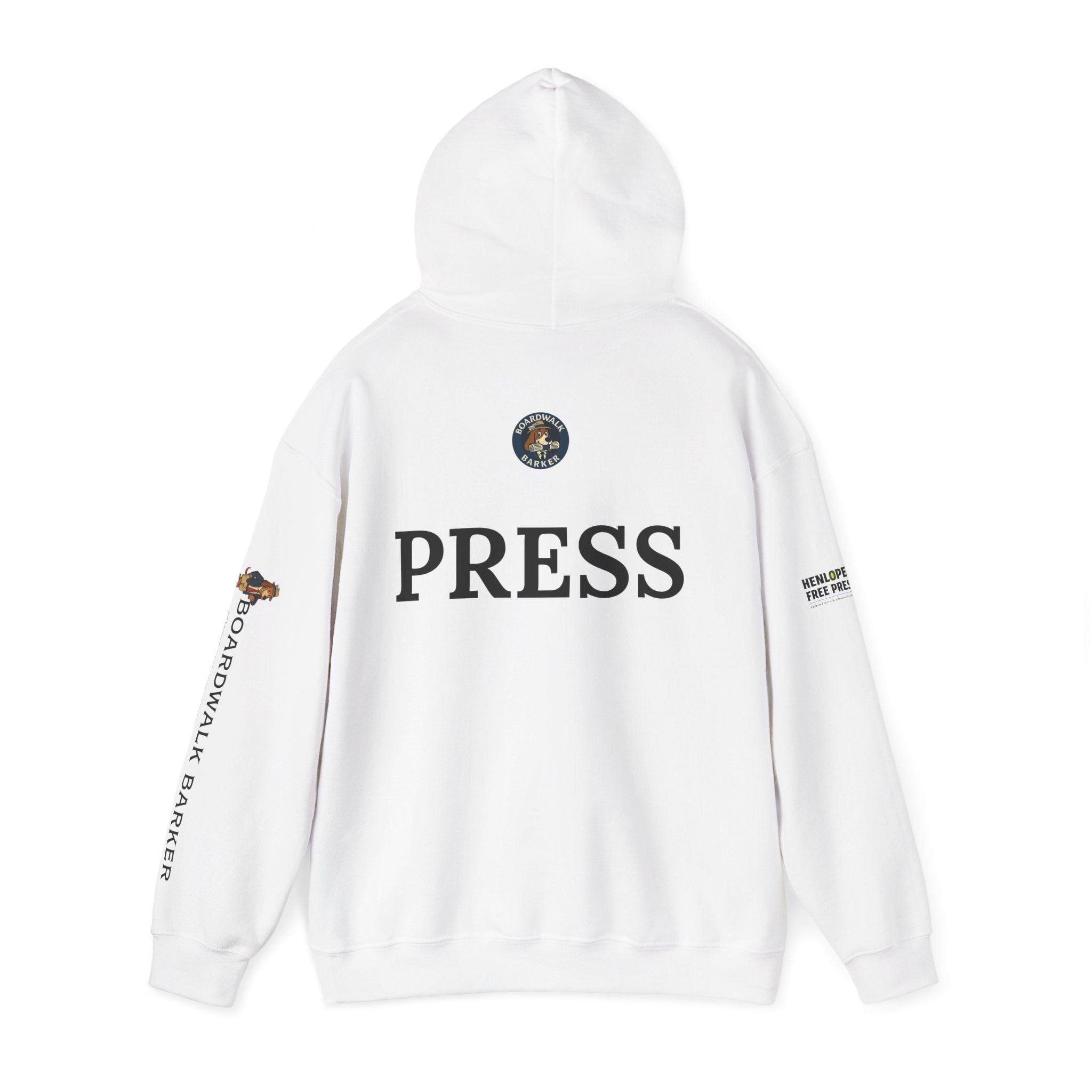 Boardwalk Barker 'Press' Logo Hoodie – Vintage Dog Reporter Pullover