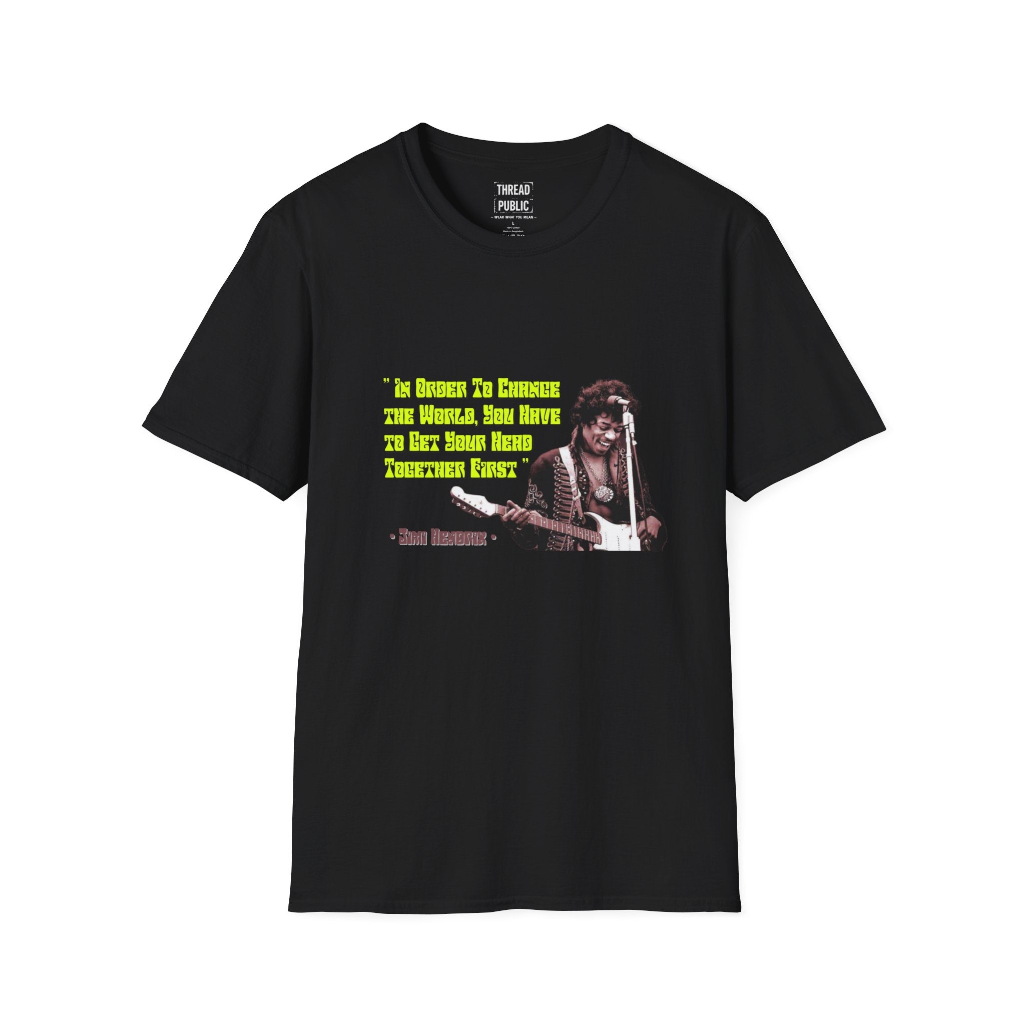 Jimi Quote T-Shirt | Retro Guitar Portrait, Yellow Text