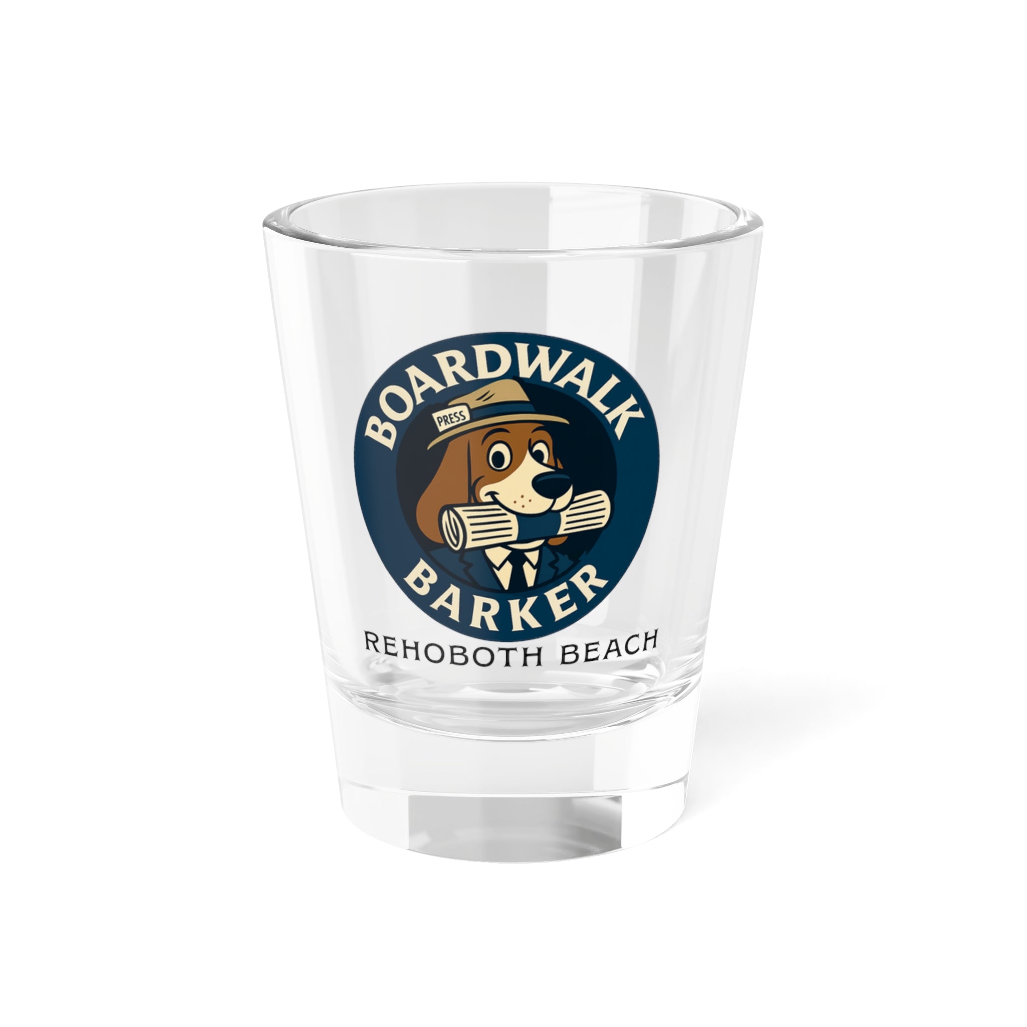 Boardwalk Barker Rehoboth Beach Shot Glass – “Hard Pressed” Edition