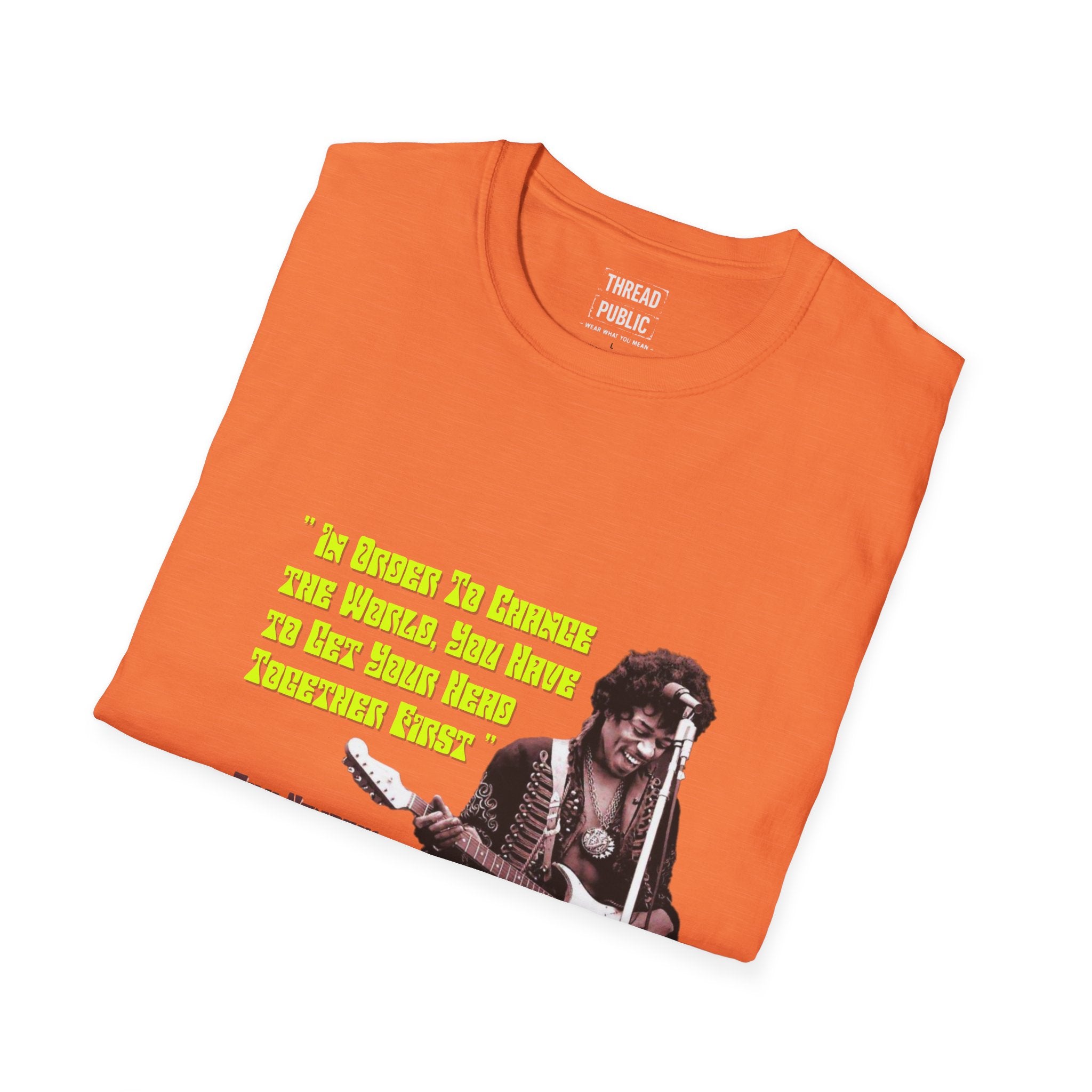 Jimi Quote T-Shirt | Retro Guitar Portrait, Yellow Text