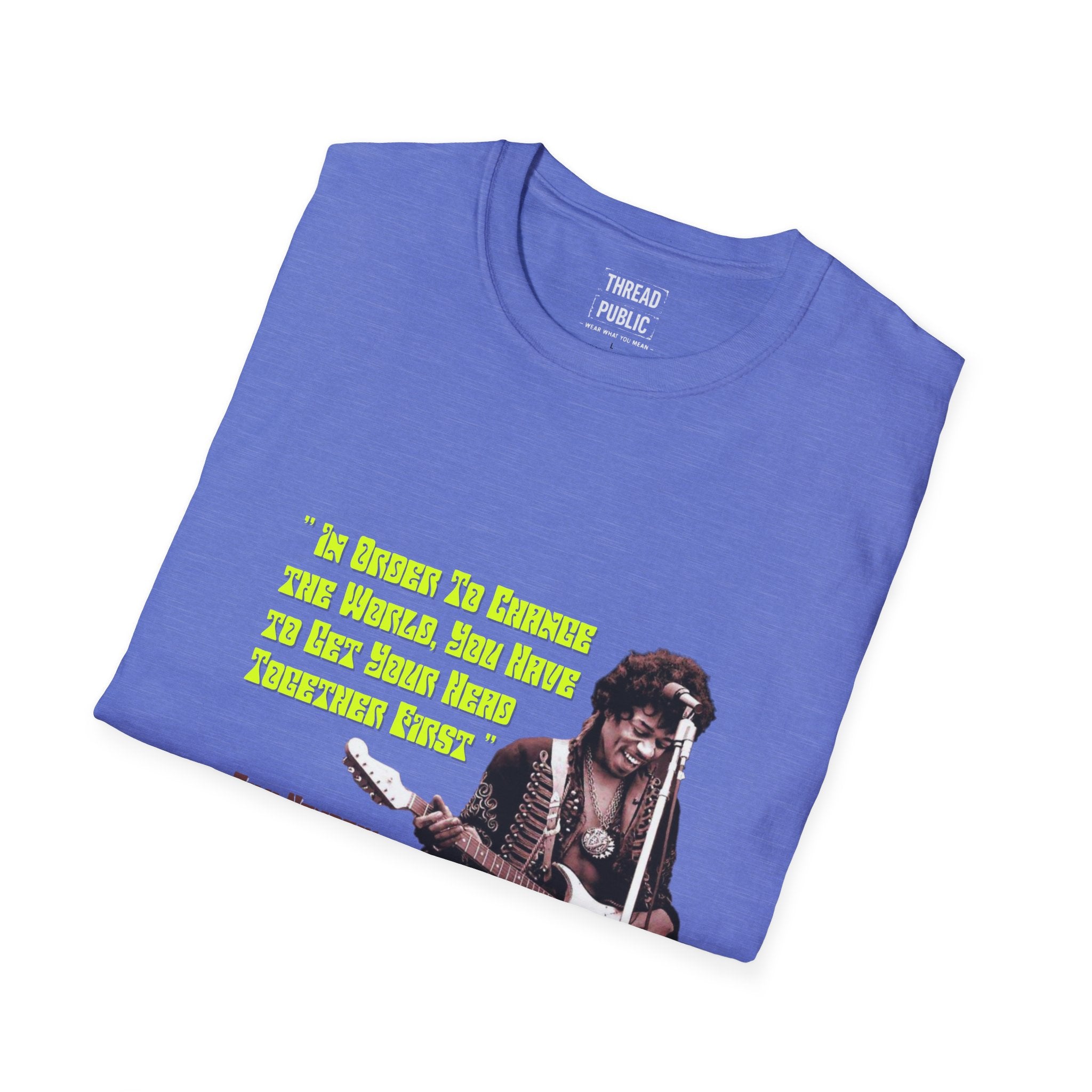 Jimi Quote T-Shirt | Retro Guitar Portrait, Yellow Text