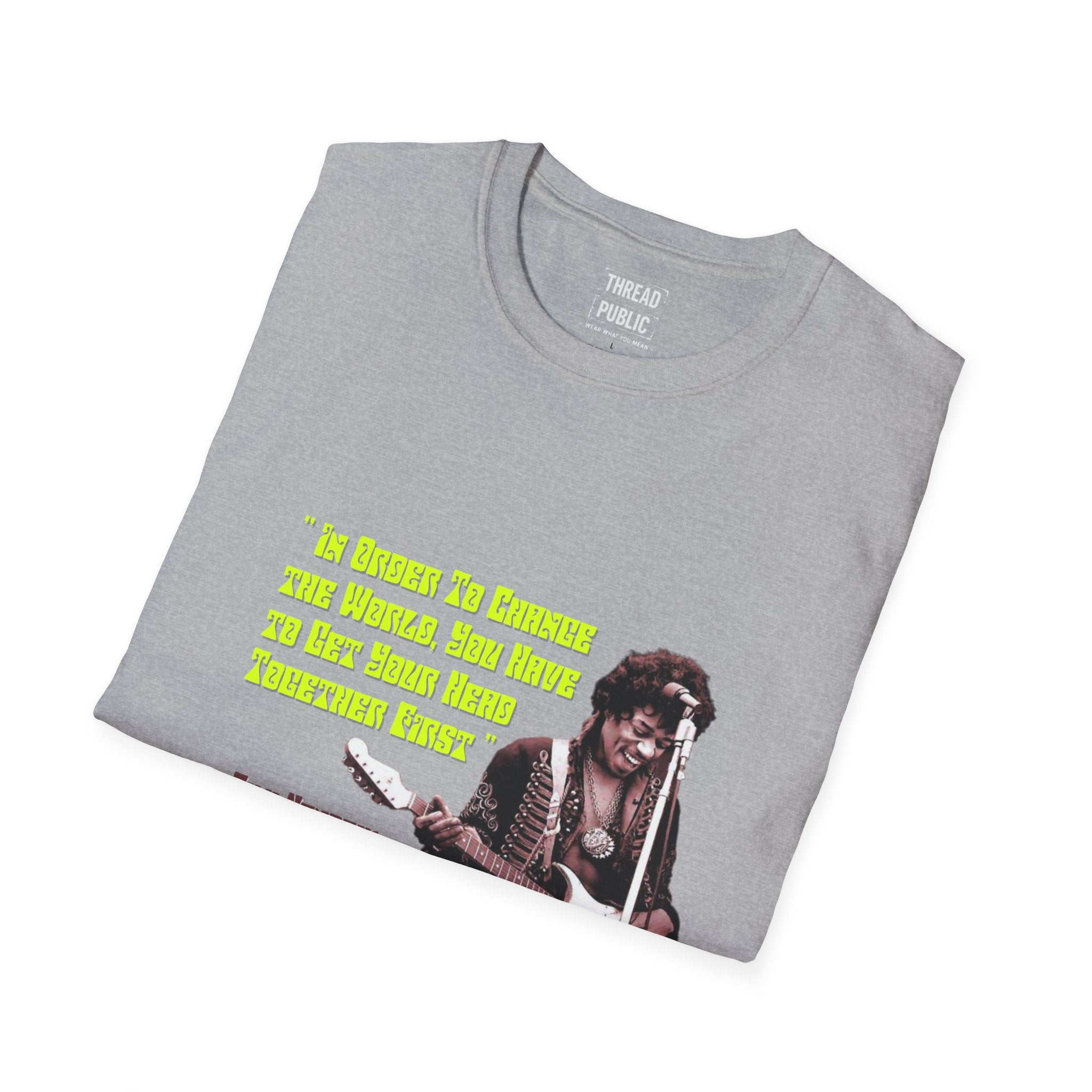 Jimi Quote T-Shirt | Retro Guitar Portrait, Yellow Text