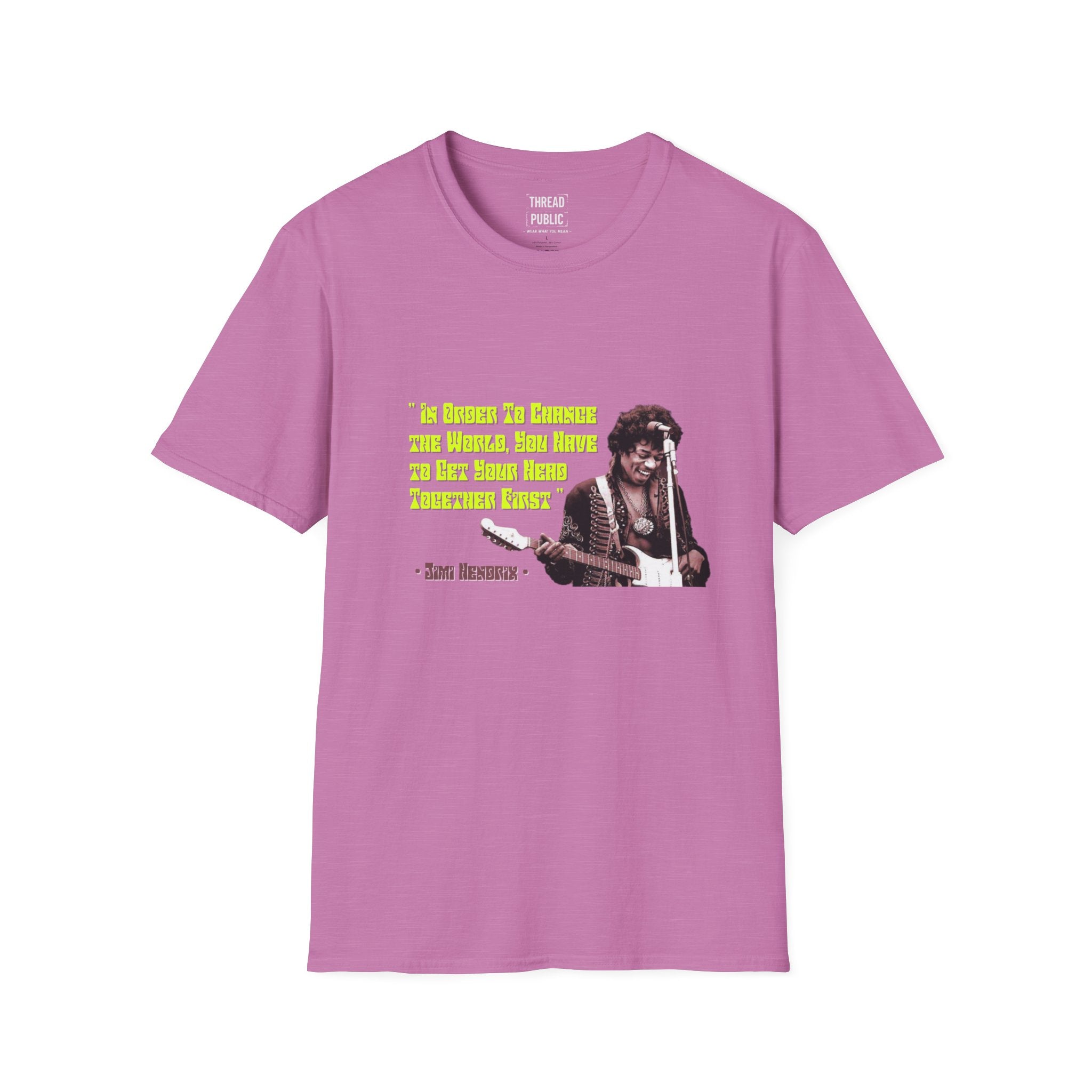 Jimi Quote T-Shirt | Retro Guitar Portrait, Yellow Text