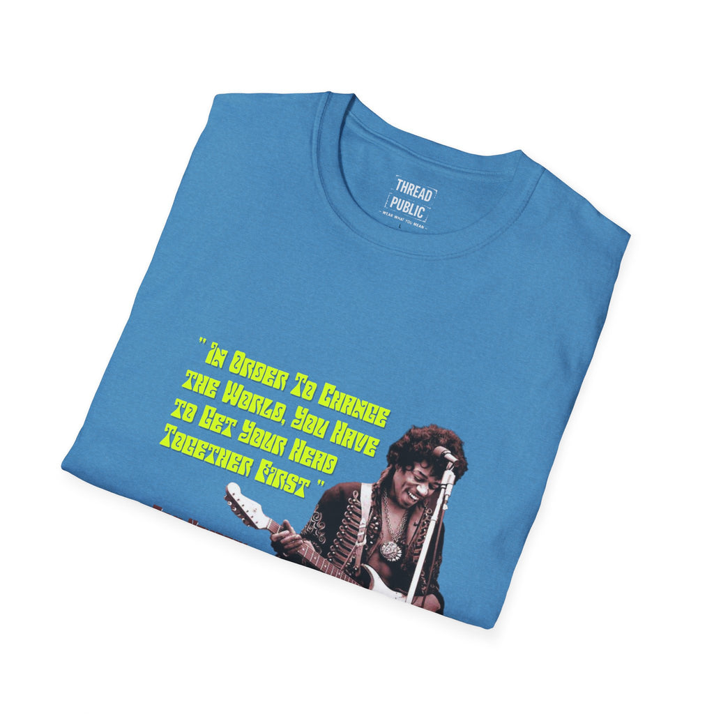 Jimi Quote T-Shirt | Retro Guitar Portrait, Yellow Text