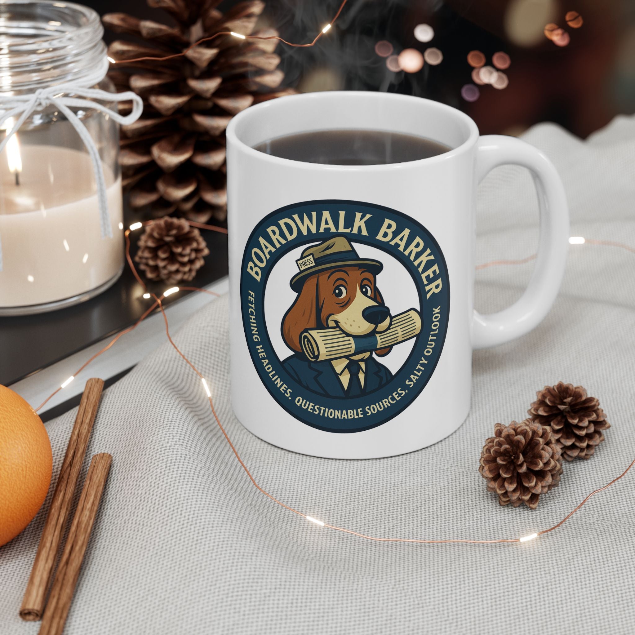 Boardwalk Barker Press Mug – “Fetching Headlines” Edition
