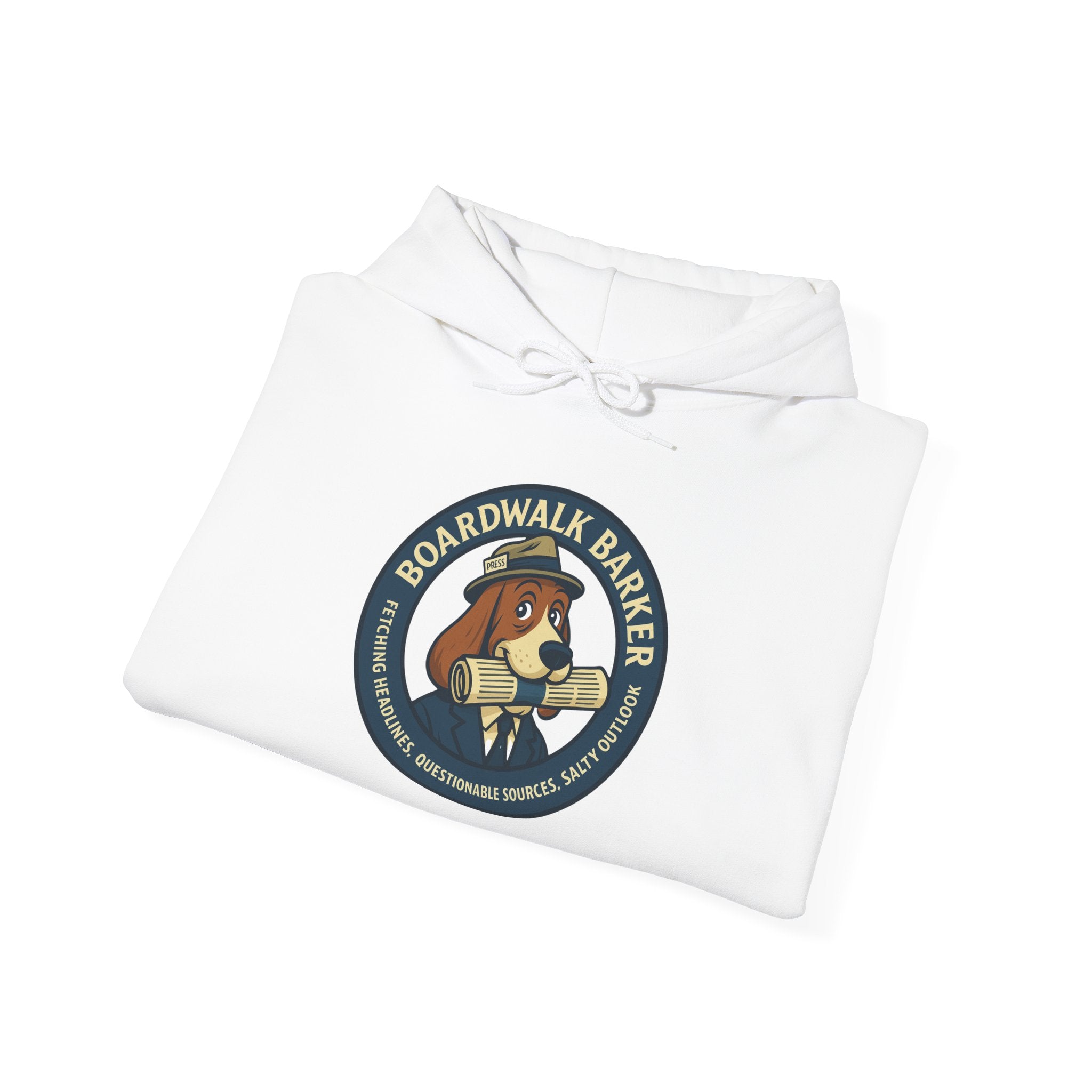 Boardwalk Barker 'Press' Logo Hoodie – Vintage Dog Reporter Pullover