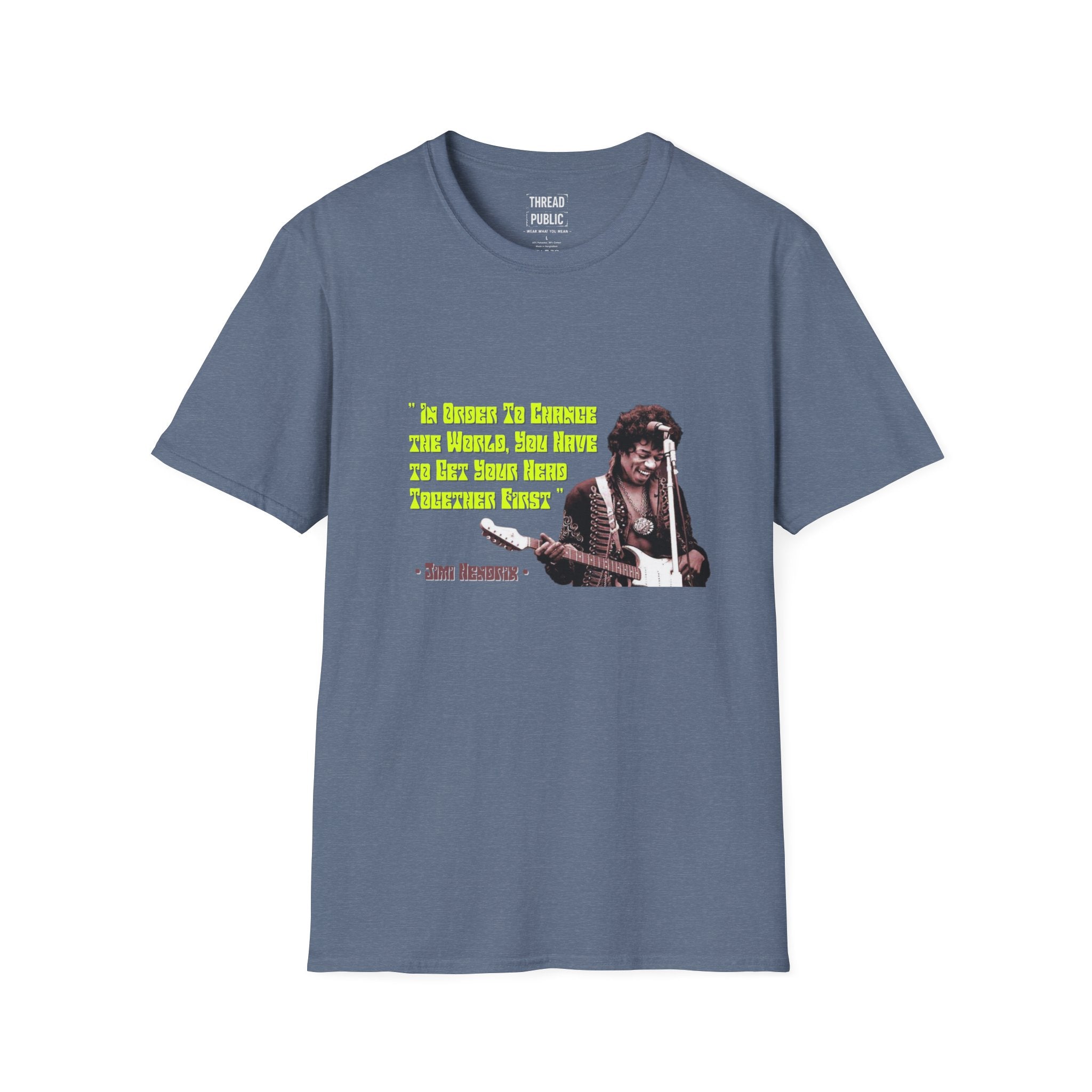 Jimi Quote T-Shirt | Retro Guitar Portrait, Yellow Text