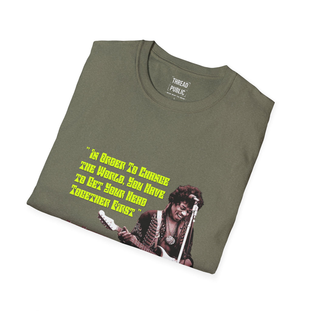 Jimi Quote T-Shirt | Retro Guitar Portrait, Yellow Text