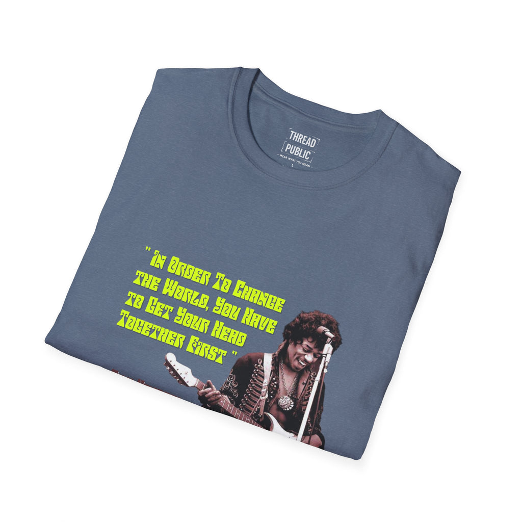 Jimi Quote T-Shirt | Retro Guitar Portrait, Yellow Text