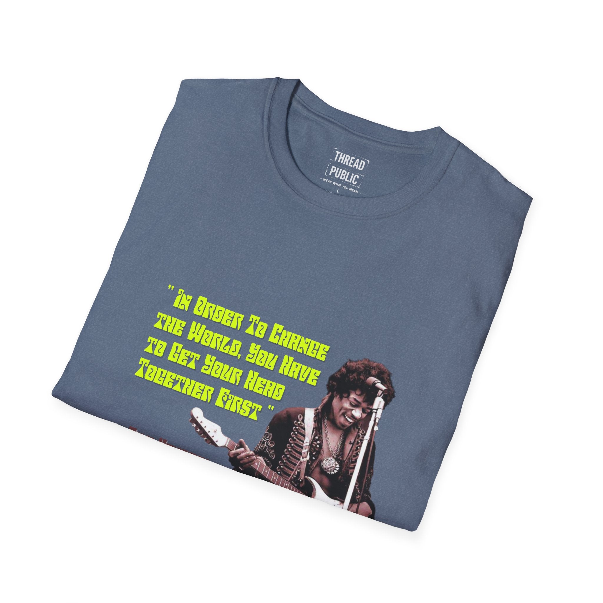 Jimi Quote T-Shirt | Retro Guitar Portrait, Yellow Text