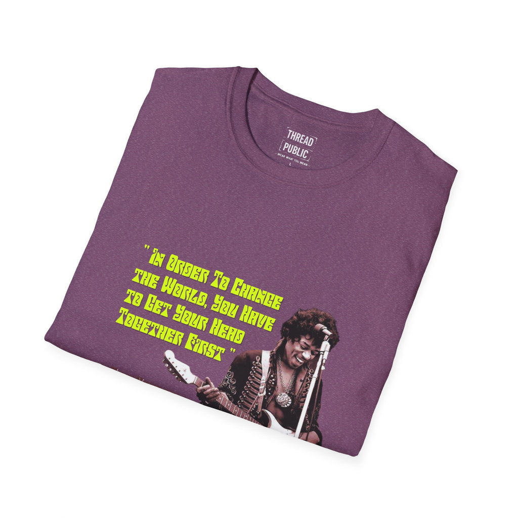 Jimi Quote T-Shirt | Retro Guitar Portrait, Yellow Text