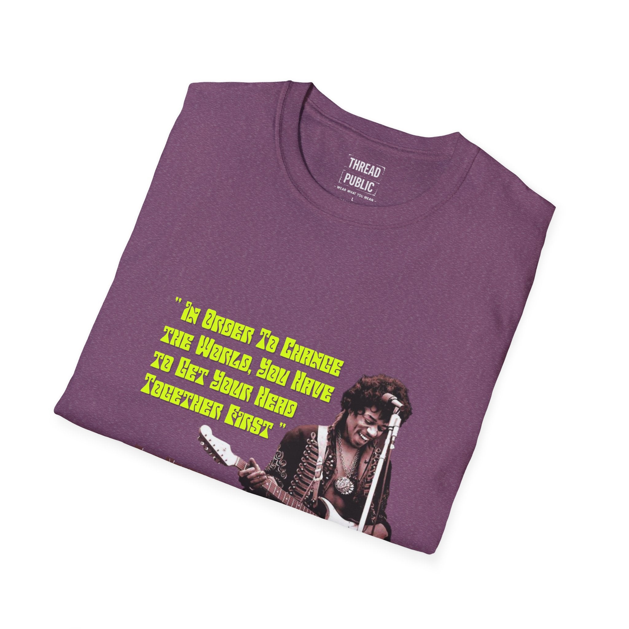 Jimi Quote T-Shirt | Retro Guitar Portrait, Yellow Text