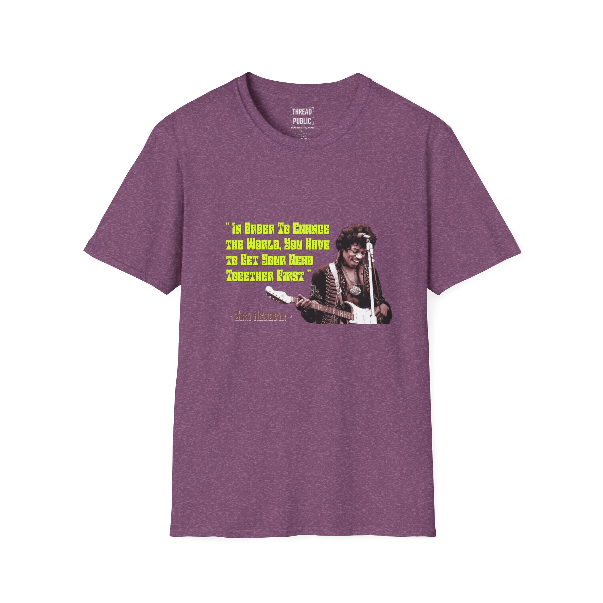Jimi Quote T-Shirt | Retro Guitar Portrait, Yellow Text