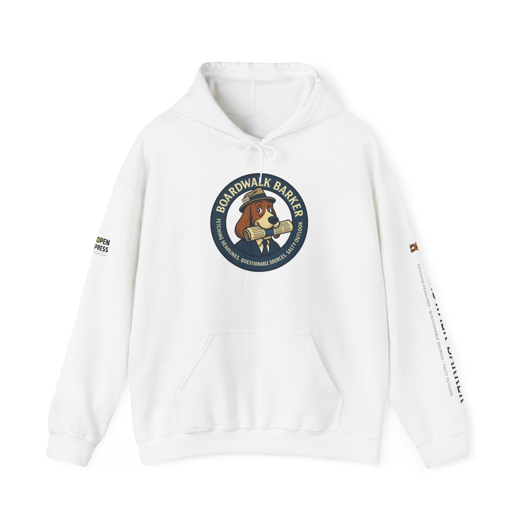 Boardwalk Barker 'Press' Logo Hoodie – Vintage Dog Reporter Pullover