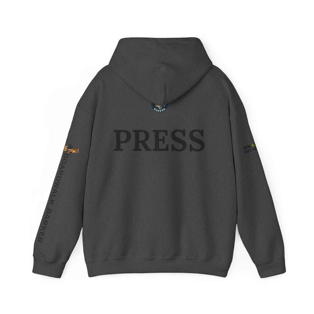 Boardwalk Barker 'Press' Logo Hoodie – Vintage Dog Reporter Pullover