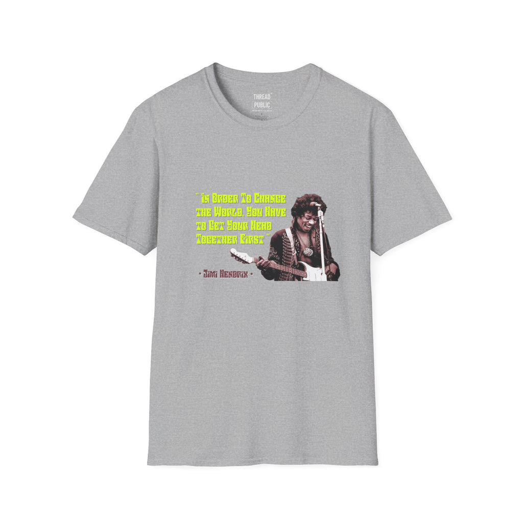 Jimi Quote T-Shirt | Retro Guitar Portrait, Yellow Text