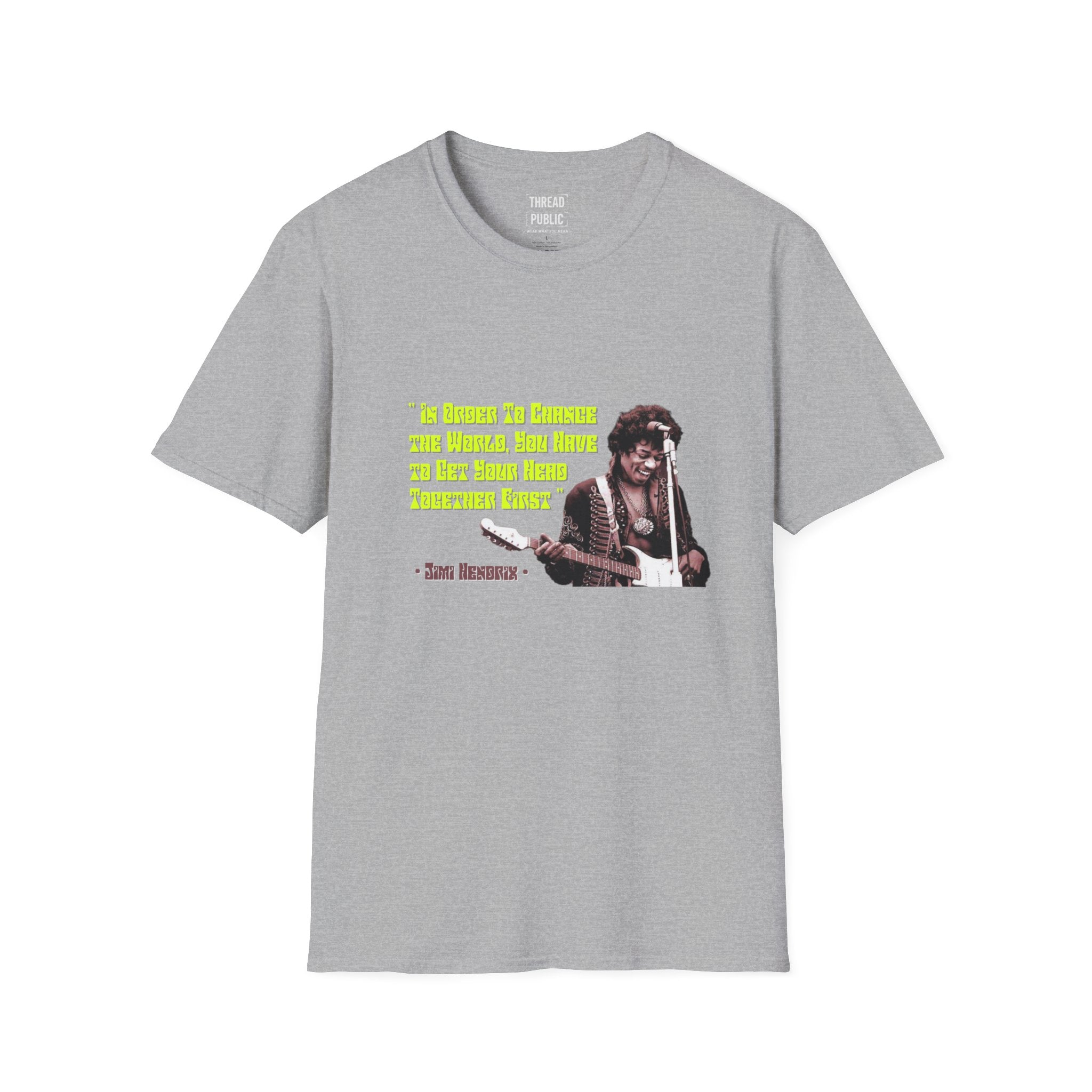 Jimi Quote T-Shirt | Retro Guitar Portrait, Yellow Text