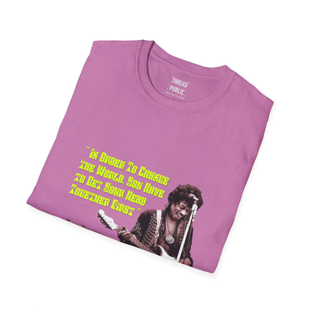 Jimi Quote T-Shirt | Retro Guitar Portrait, Yellow Text