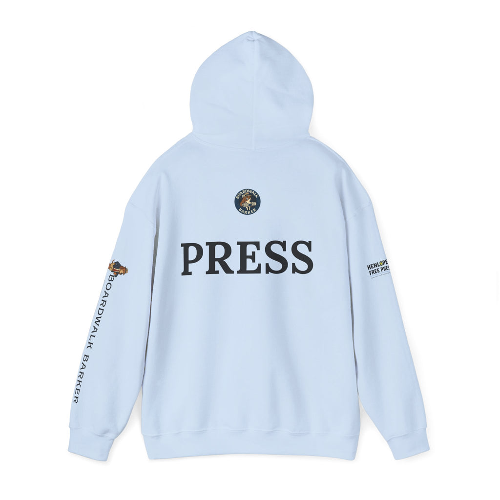 Boardwalk Barker 'Press' Logo Hoodie – Vintage Dog Reporter Pullover