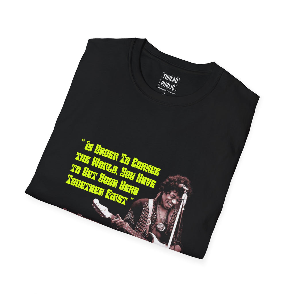 Jimi Quote T-Shirt | Retro Guitar Portrait, Yellow Text